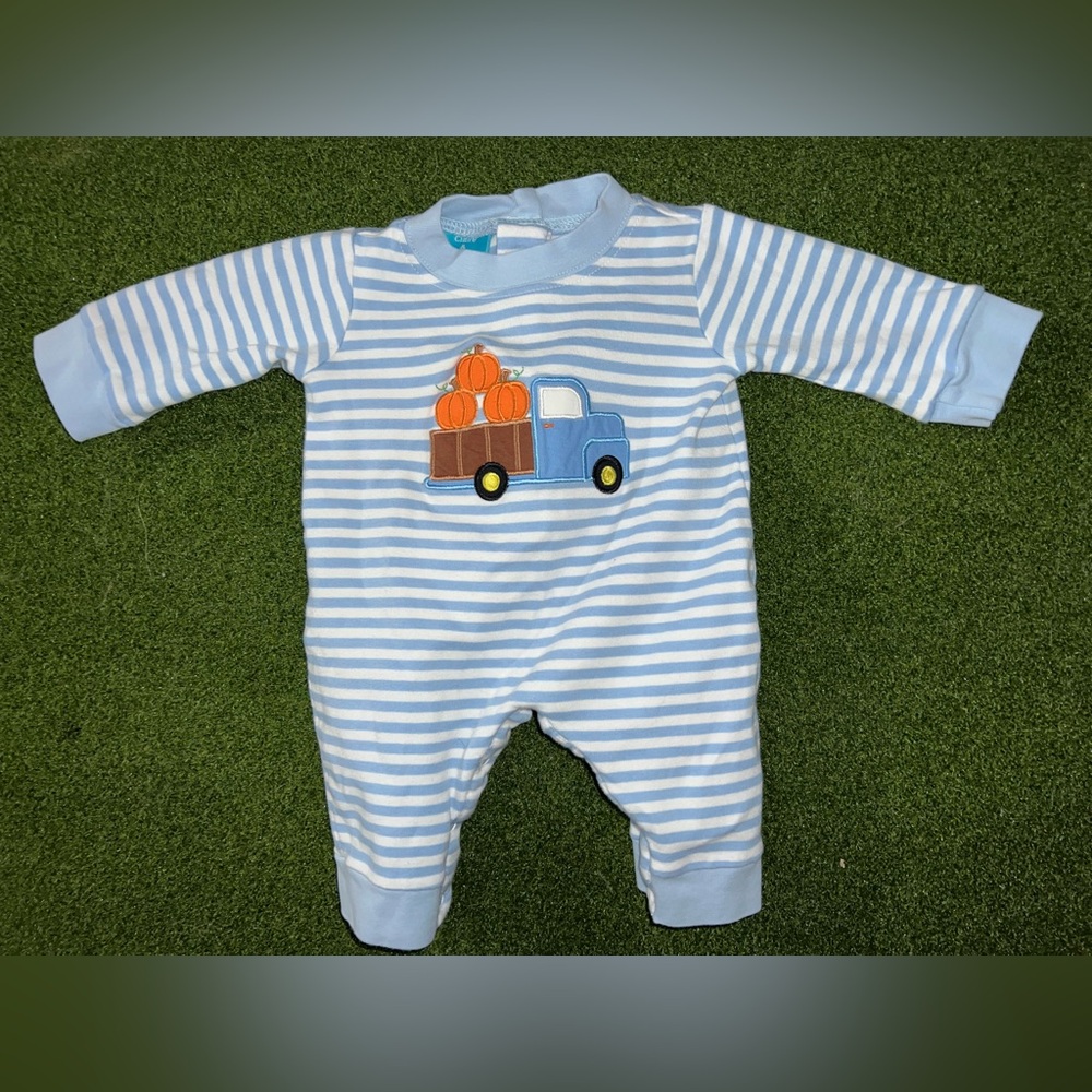 Claire & Charlie Striped Baby One Piece with Truck & Pumpkin Appliqué 6m Fall